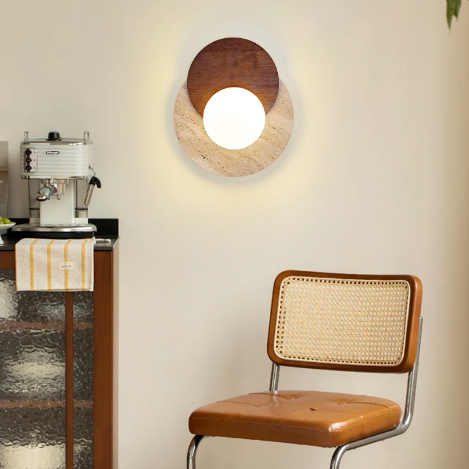 Contemporary Disc Travertine And Wood Dual Tone Wall Sconce S322