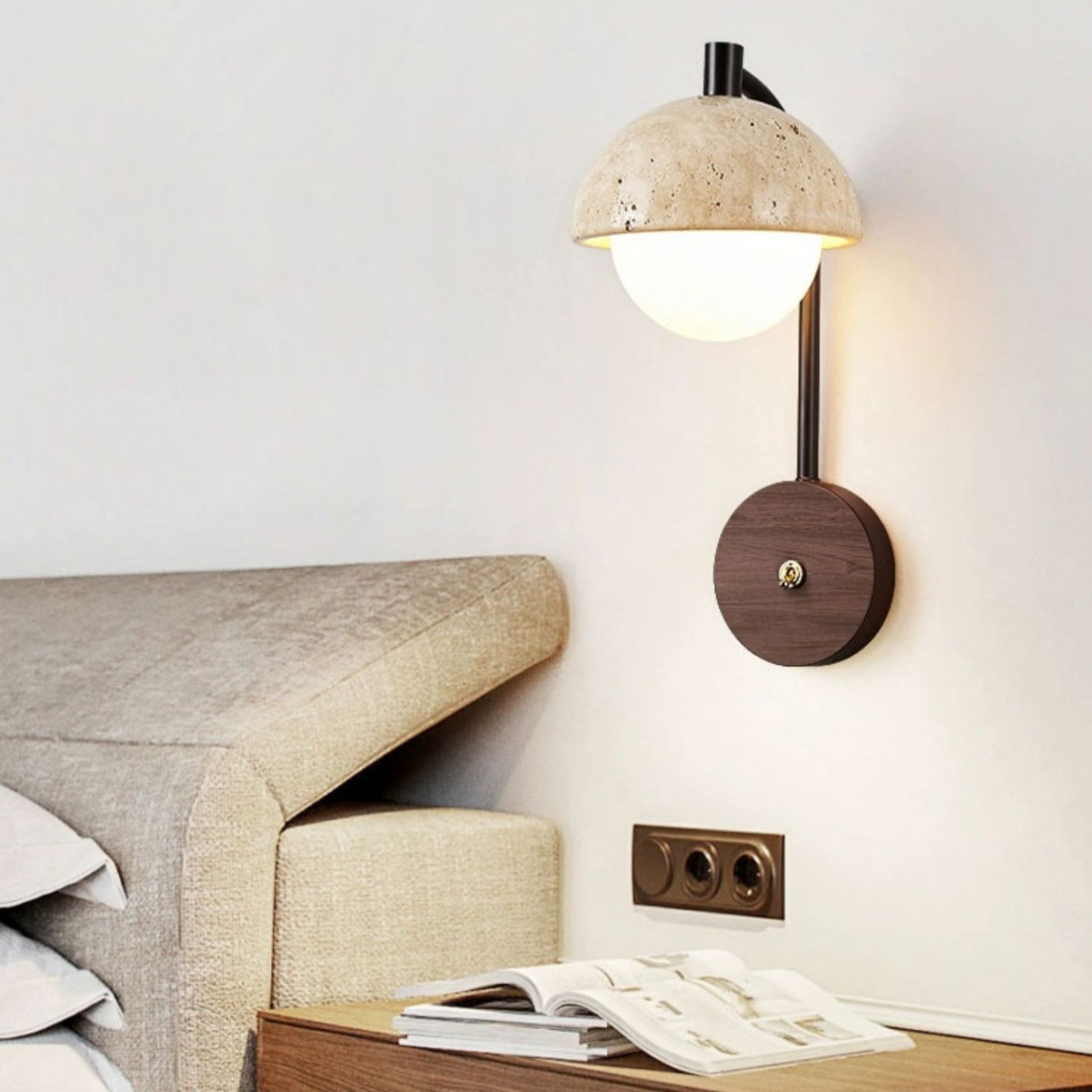Rustic Travertine Wall Lamp With Curved Metal Arm And Wood Mount S313