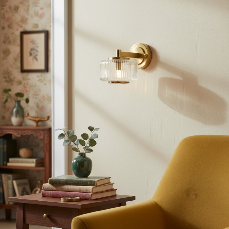 Canovus Ribbed Glass Shade Wall Lamp - Elegant Brass Sconce for Living Room Lighting T1034