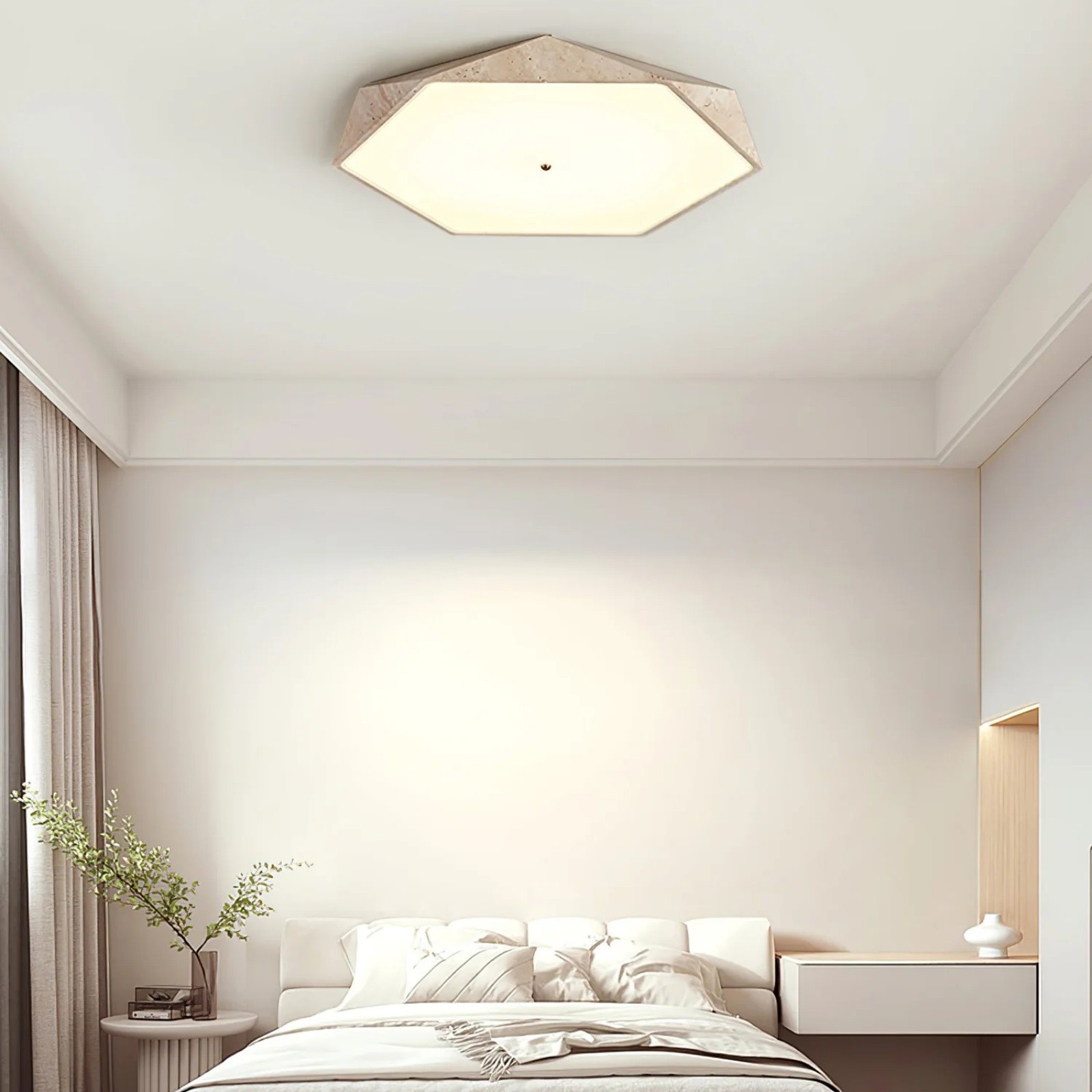 Contemporary Hexagon Ceiling Light In Travertine And Glass S295