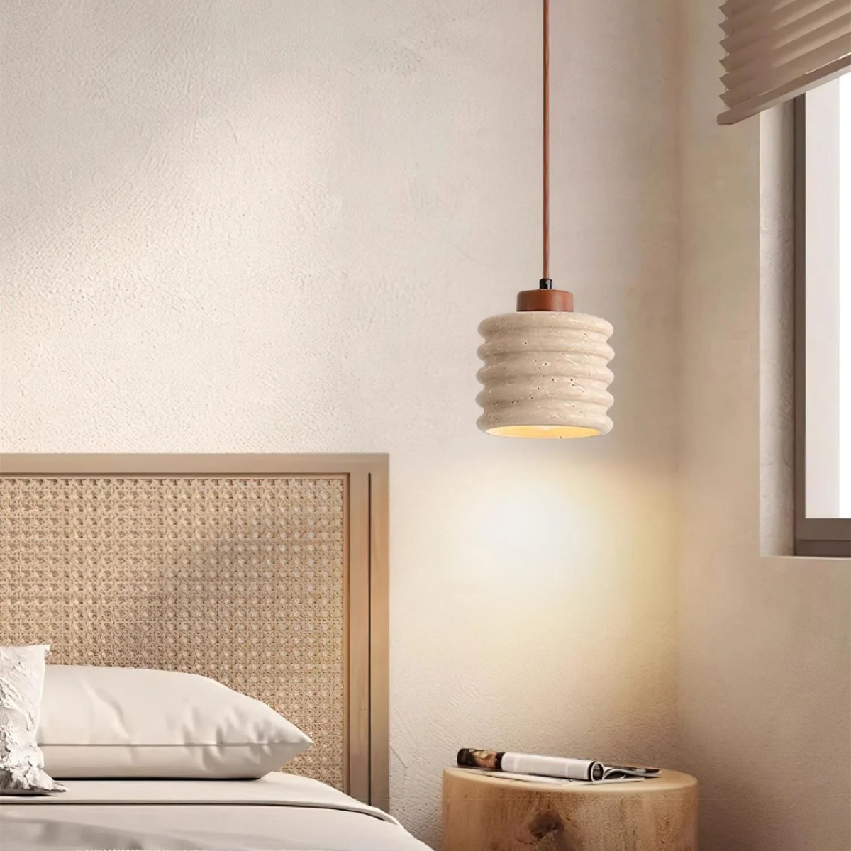 Textured Travertine Hanging Light - Minimalist Bedroom Pendant S265