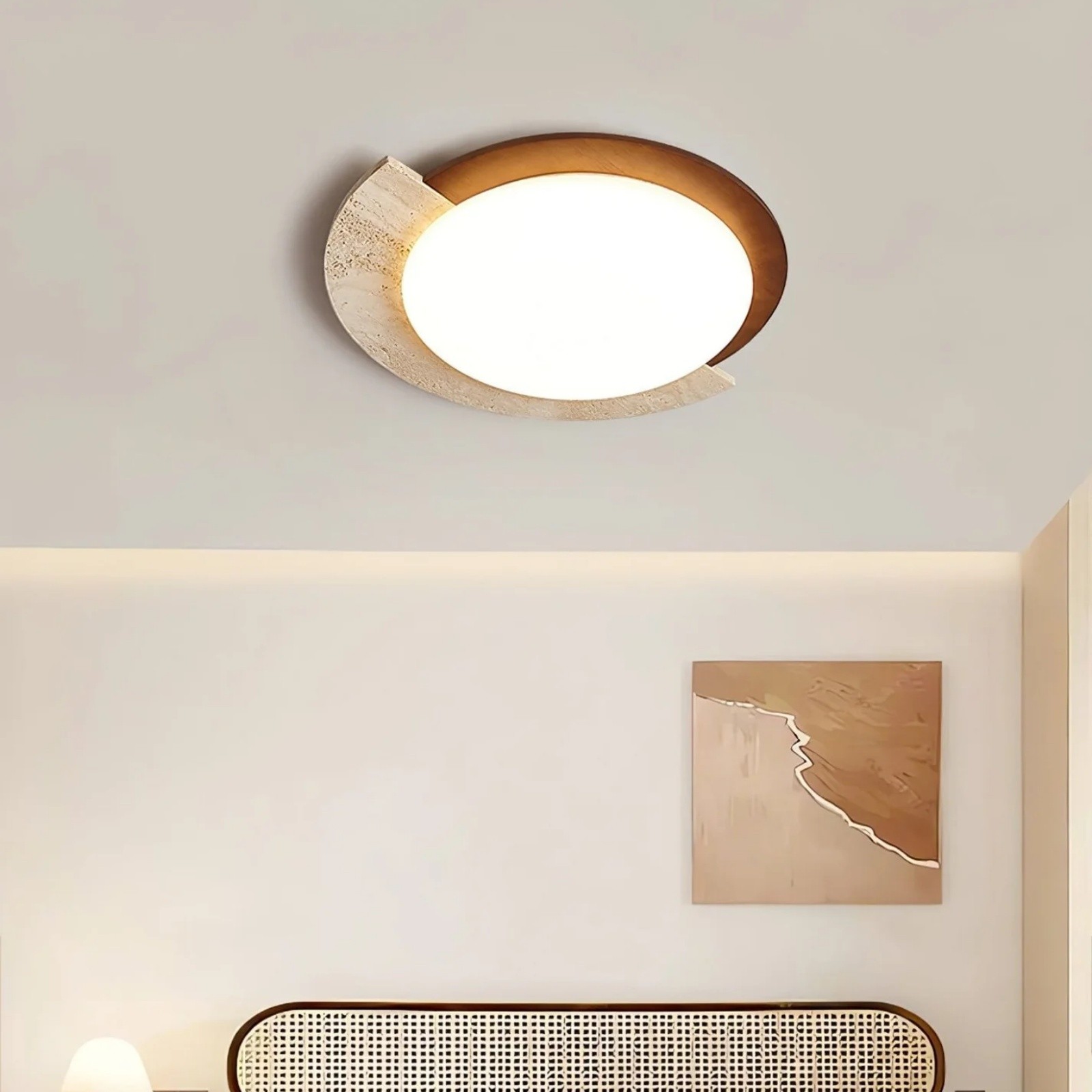 Half Moon Splicing Design Travertine & Wood Ceiling Lamp S292