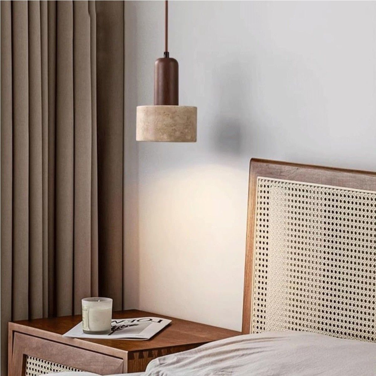 Minimalist Travertine Pendant Light With Wooden Top S264