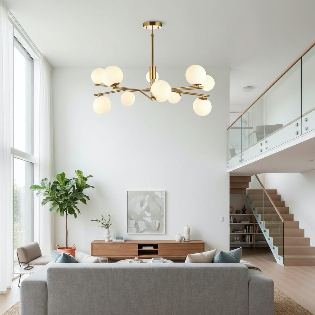 Tivara Mid-Century Modern 10-Light Pendant - Chandelier with Globe Shades for High Ceilings T862