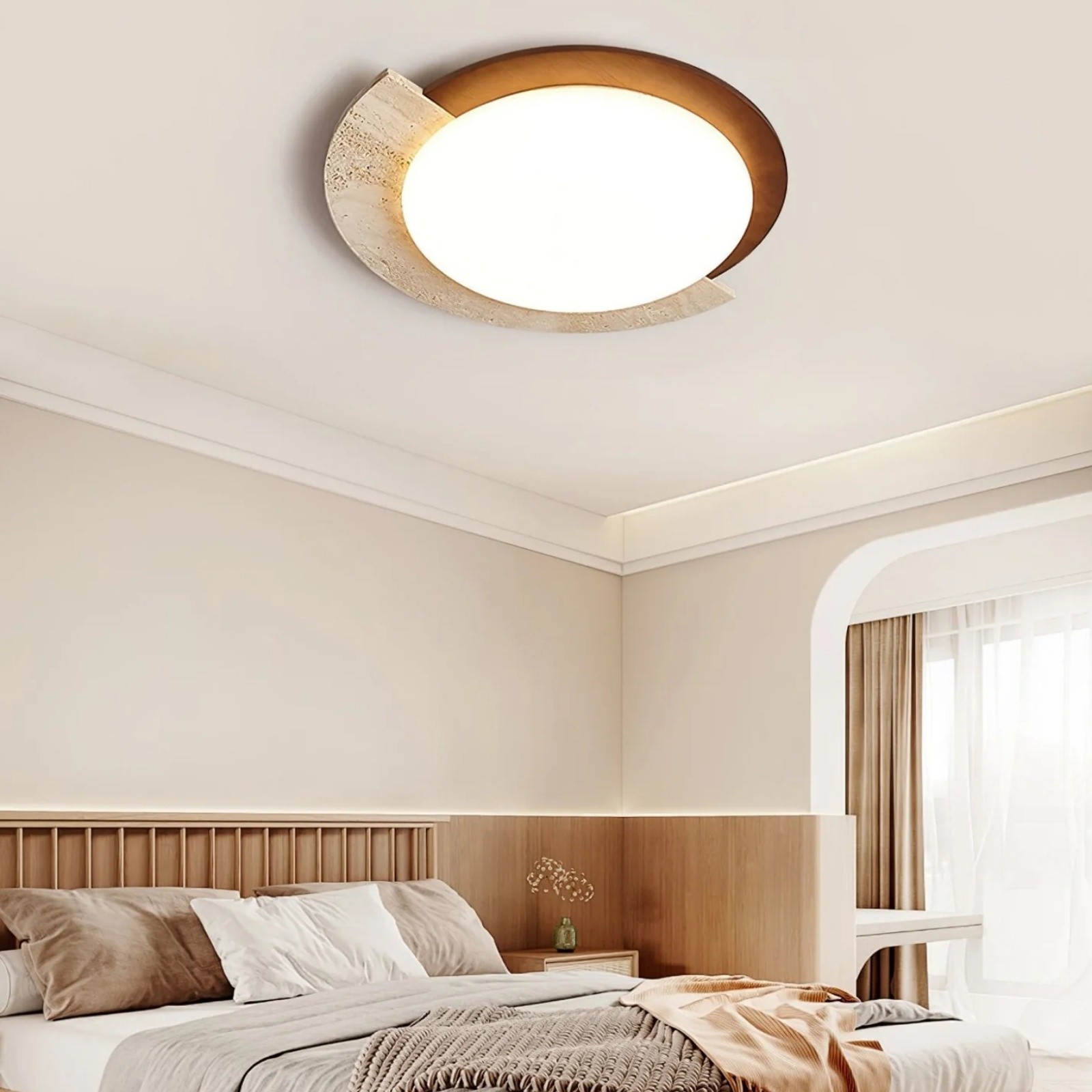 Half Moon Splicing Design Travertine & Wood Ceiling Lamp S292