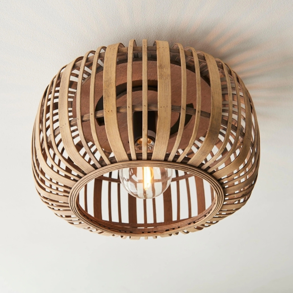 Yumeko Natural Bamboo Flush Ceiling Light - Organic Cage Design Sustainable for Living Room T978