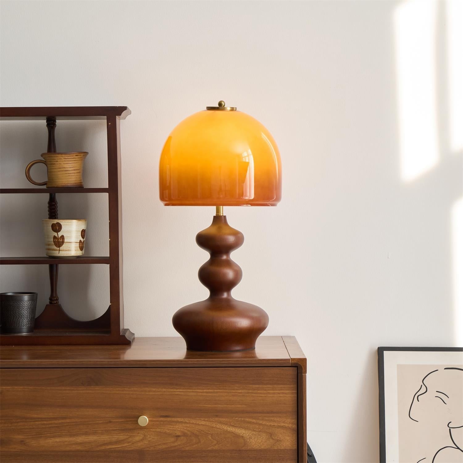 Vintage Amber Glass Lampshade Wooden Base Table Lamp P077