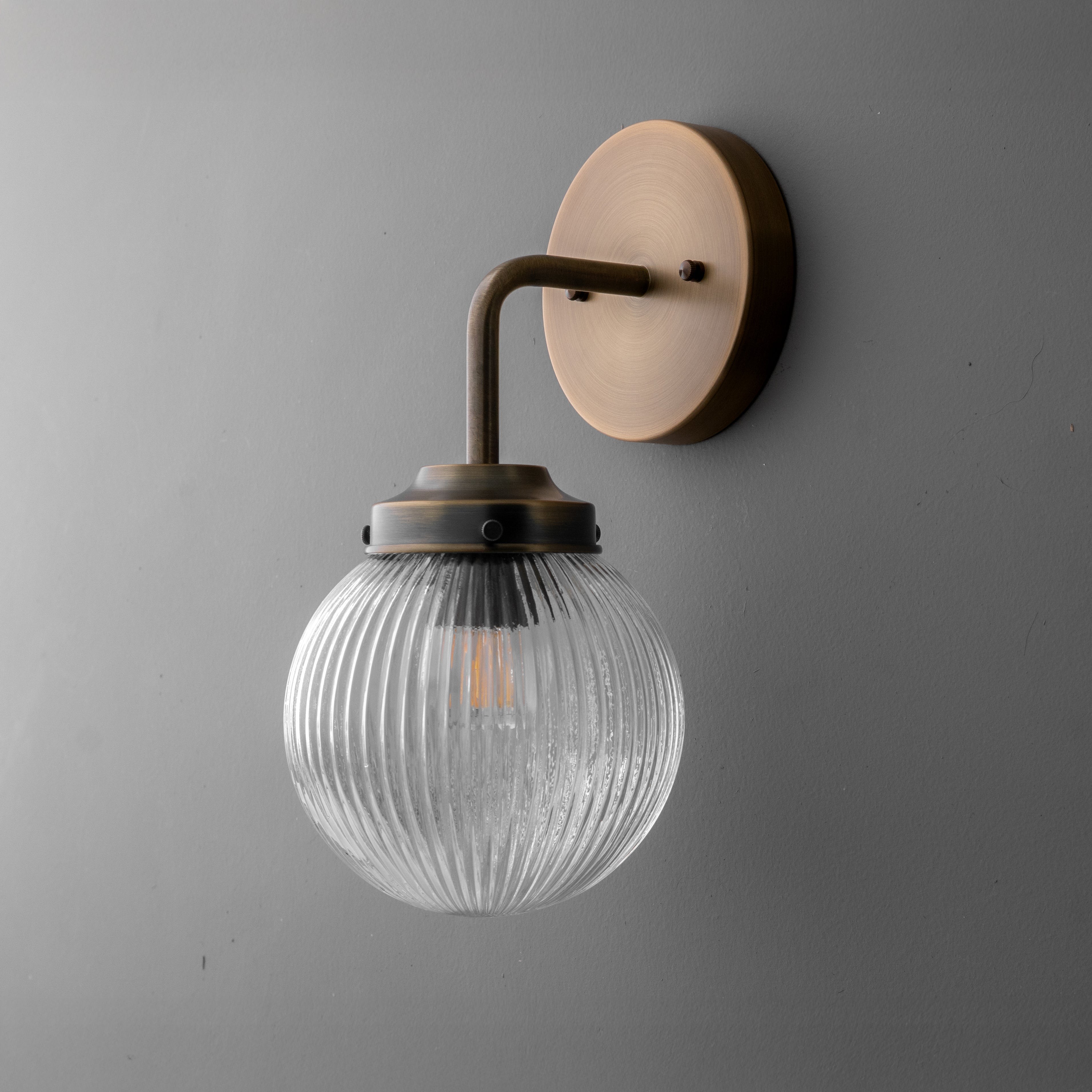 Glorica Glass Aged Brass Wall Sconce - Ribbed Glass Shade Industrial Style Lighting T410