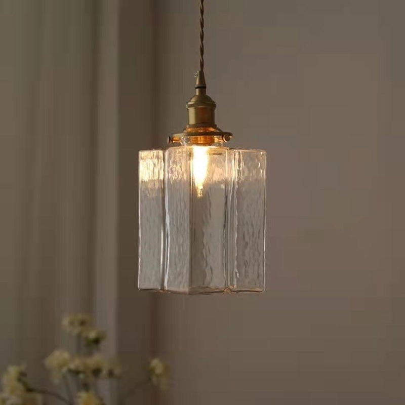 Traditional Vintage Square Rectangle Ripple Glass Iron 1-Light Pendant Light For Living Room T262