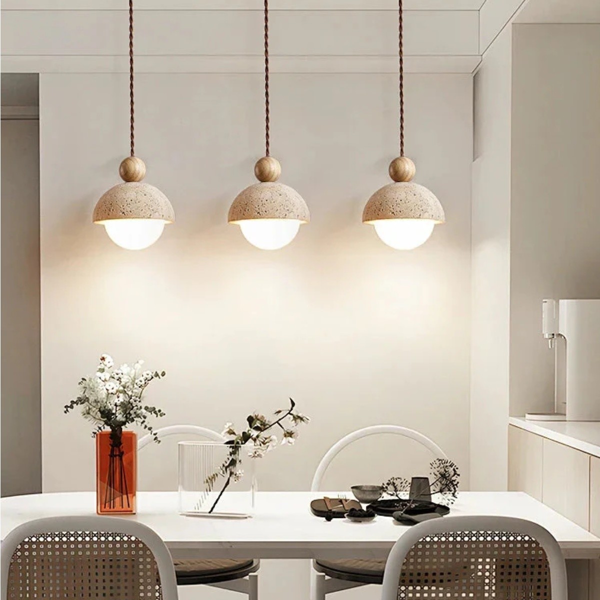 Beige Stone Umbrella Pendant Lamp With Wooden Sphere Accent S270