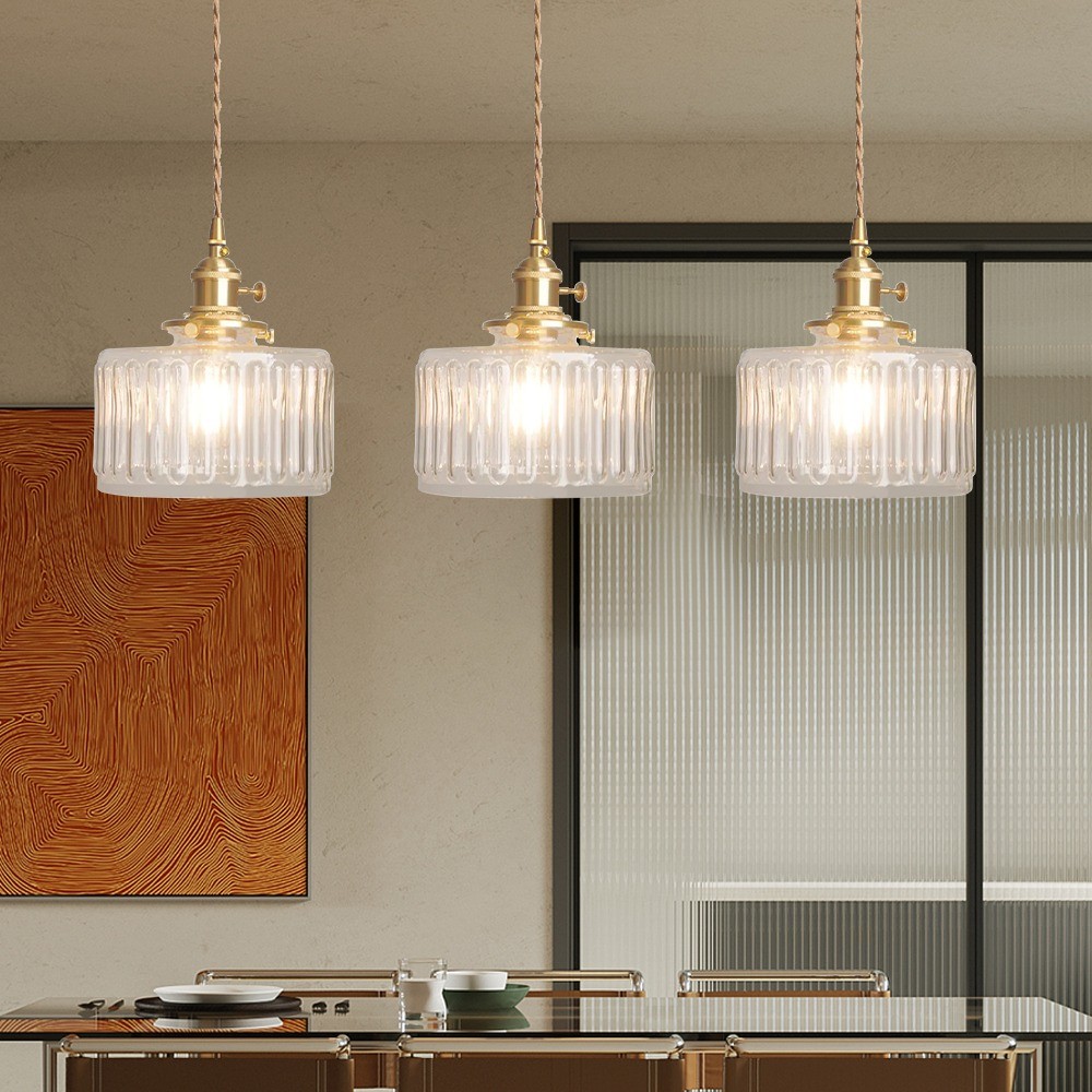 Vintage Cylinder Ribbed Glass Pendant Light S136