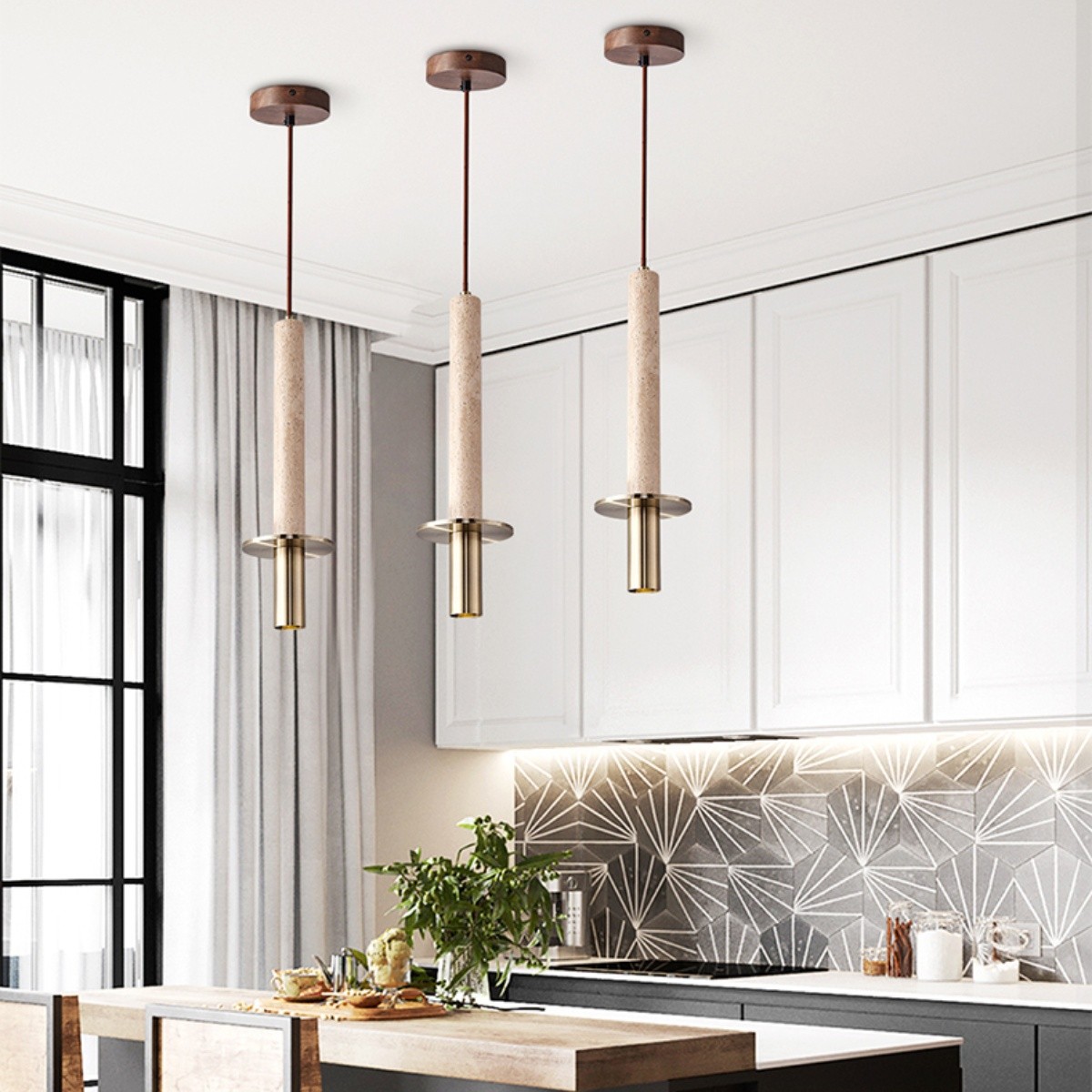 Minimalist Slim Elongated Travertine Metal Pendant Lamp S276