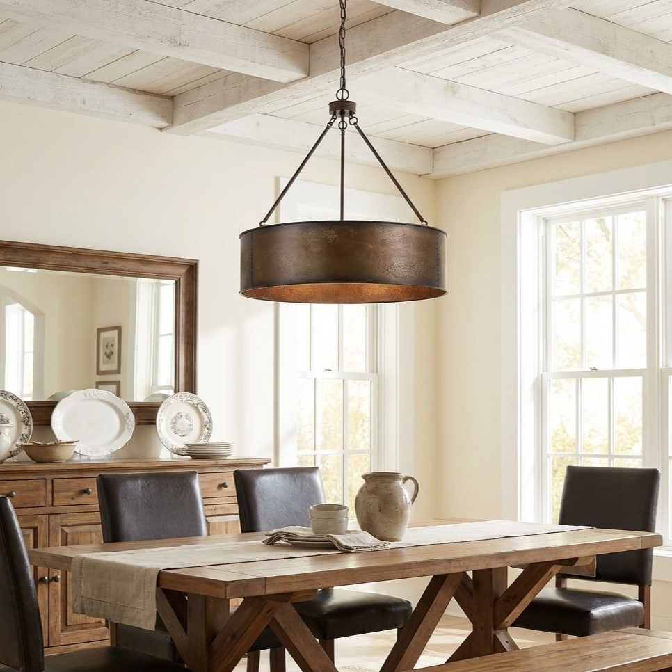 Velara Industrial Drum Shade Pendant Light – Industrial Style Hanging Fixture for Kitchen and Dining U04