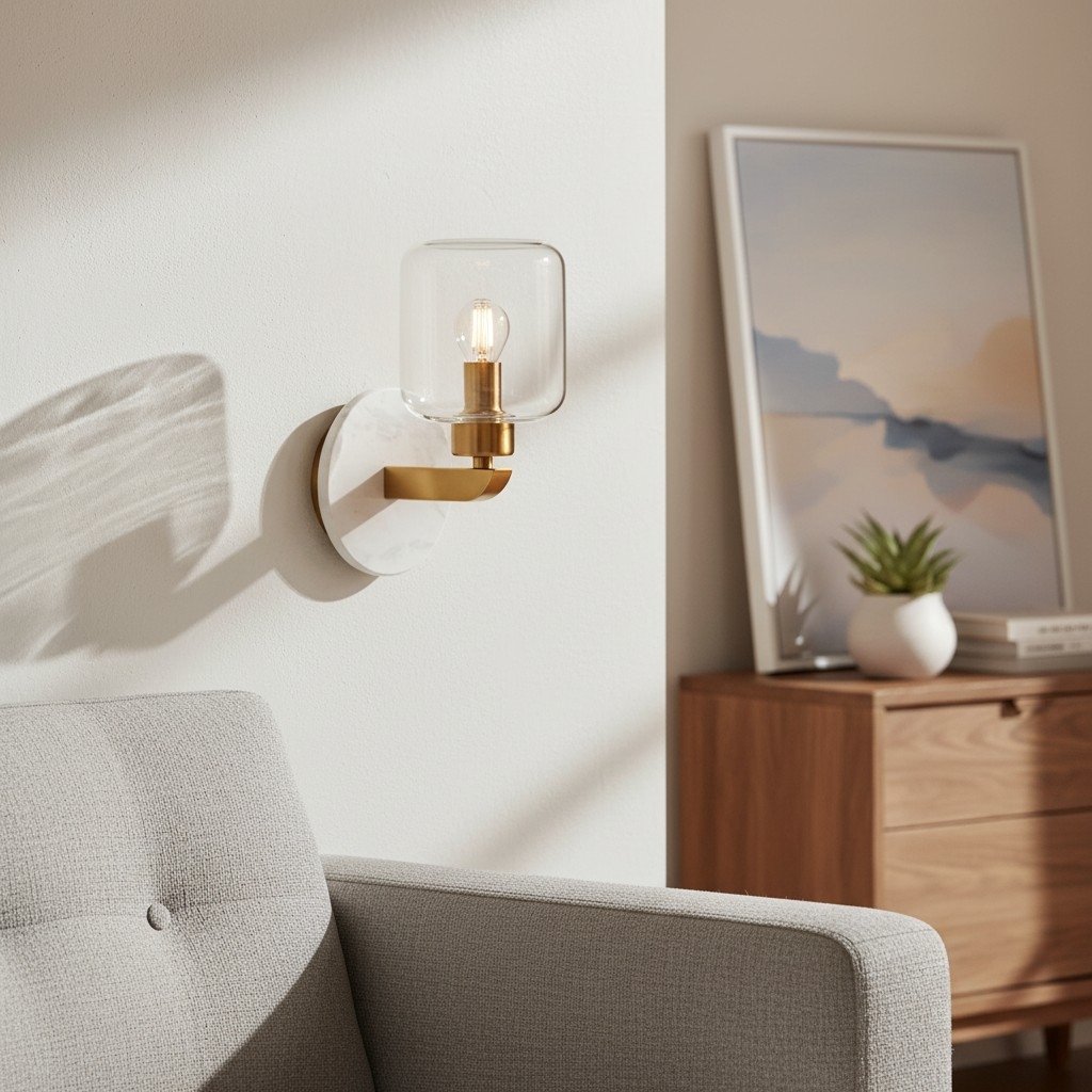 Korlisse Modern Marble Wall Light - Vintage Brass & Clear Glass Accent for Living Room and Hallway T950