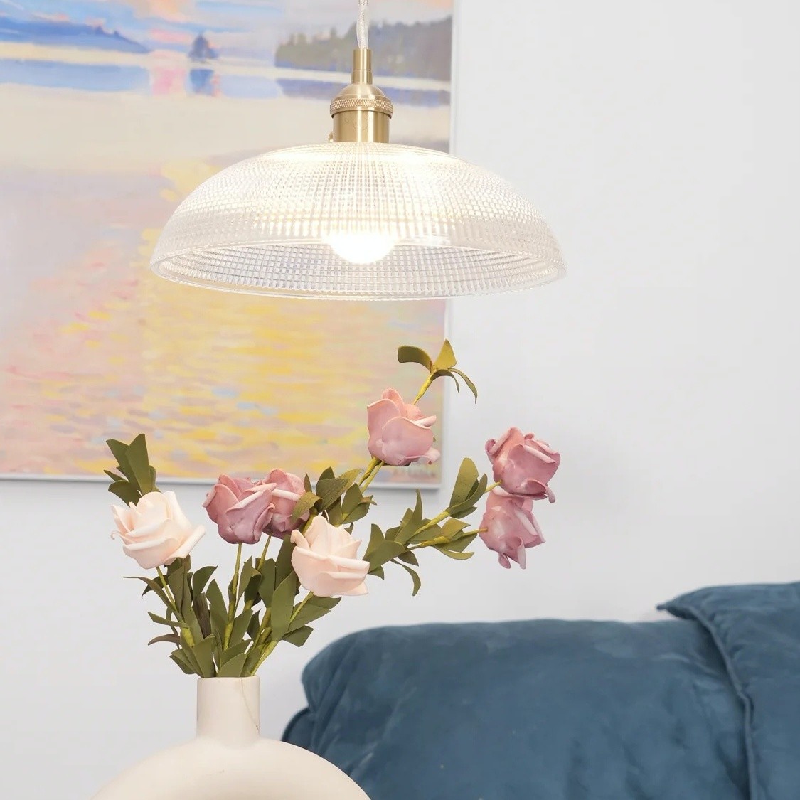 Modern Spiral Pendant Light – Textured Ribbed Glass Shade S225