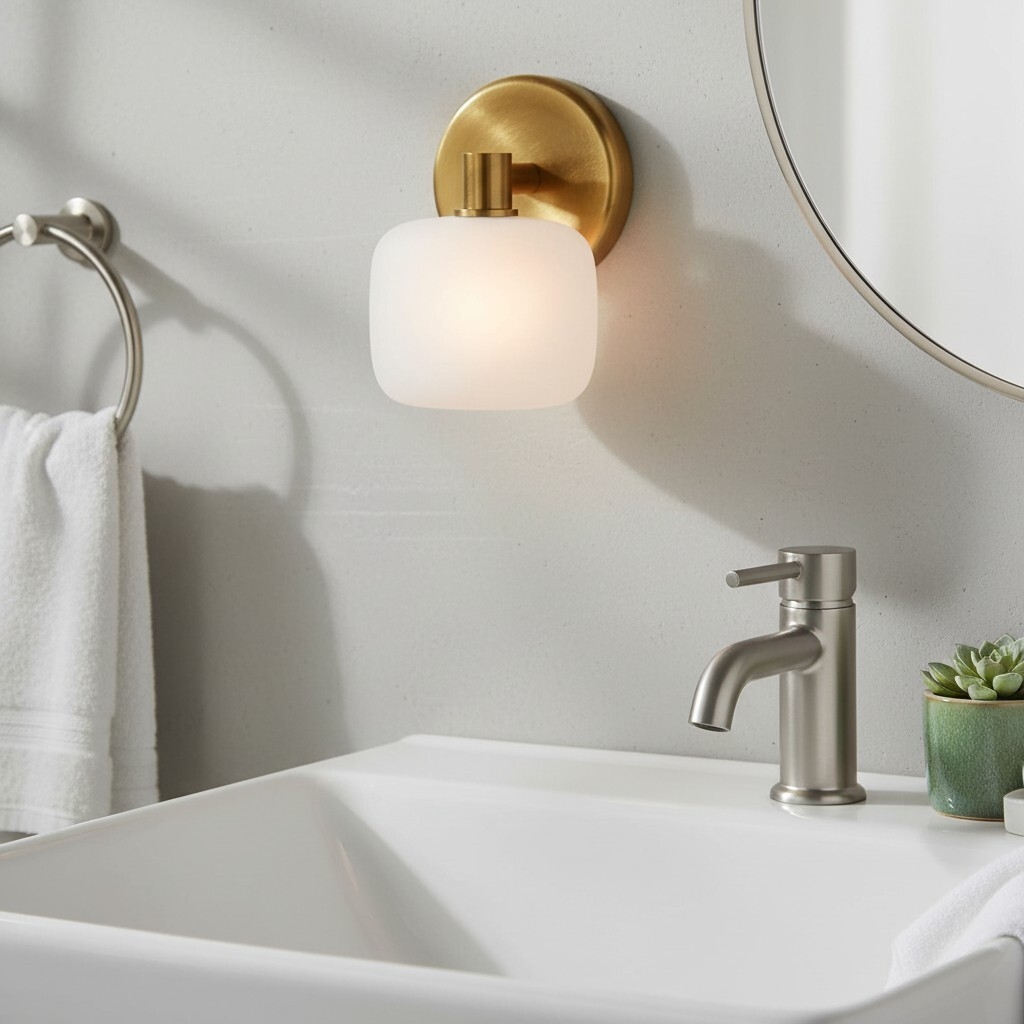 Lirra Frosted Glass Wall Sconce - Brass Look for Bathroom Vanity T758