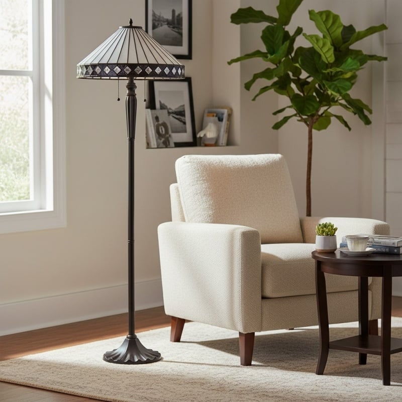 TiffStar Art Glass Floor Lamp with Ornamental Pattern Shade - Standing Light for Living Rooms T943