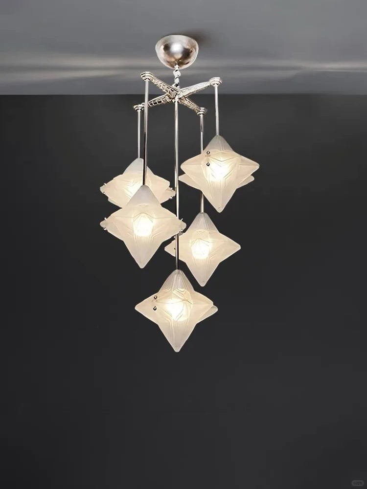Art Deco Astris Star Chandelier - Frosted Glass Deco Fixture for Dining Room T433