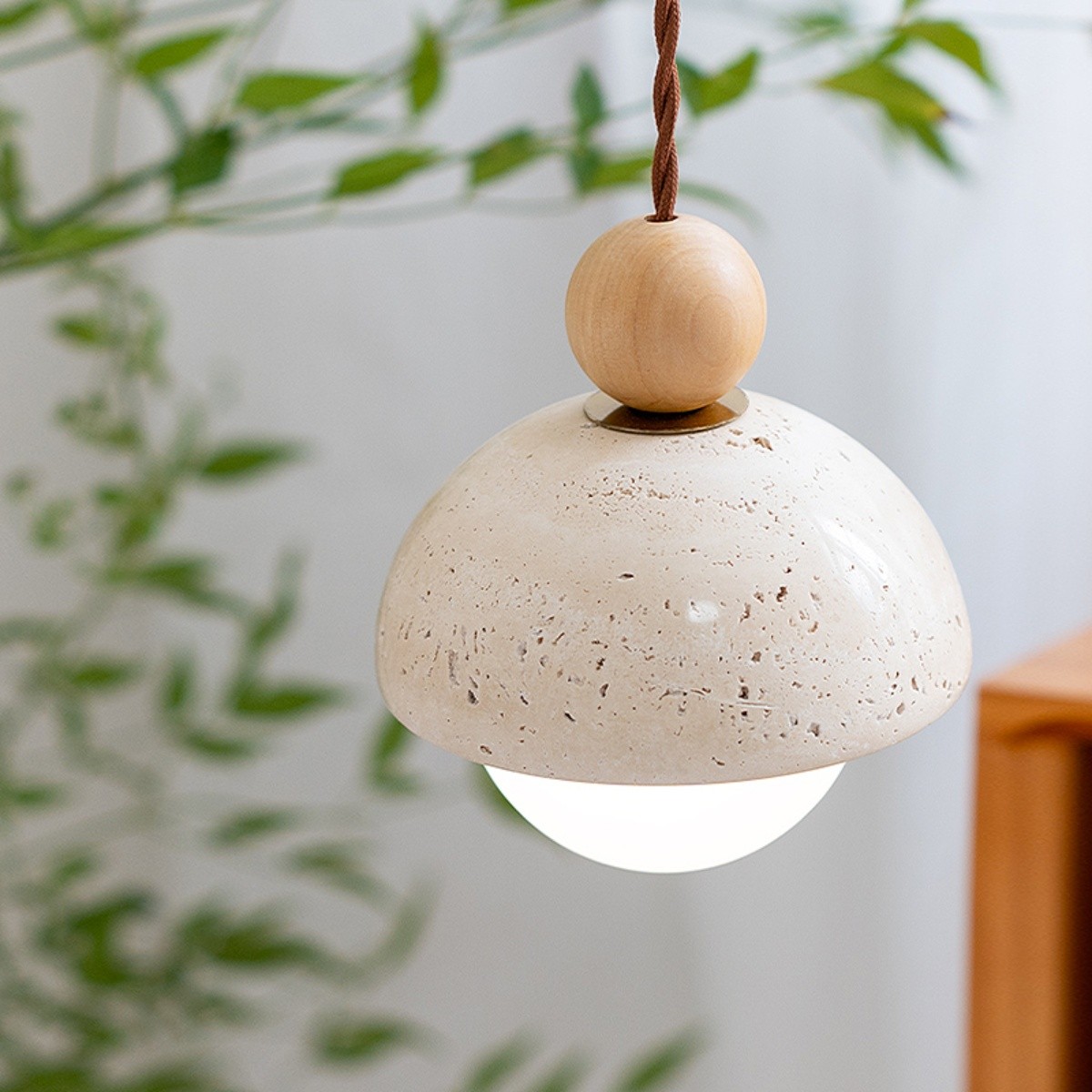 Beige Stone Umbrella Pendant Lamp With Wooden Sphere Accent S270