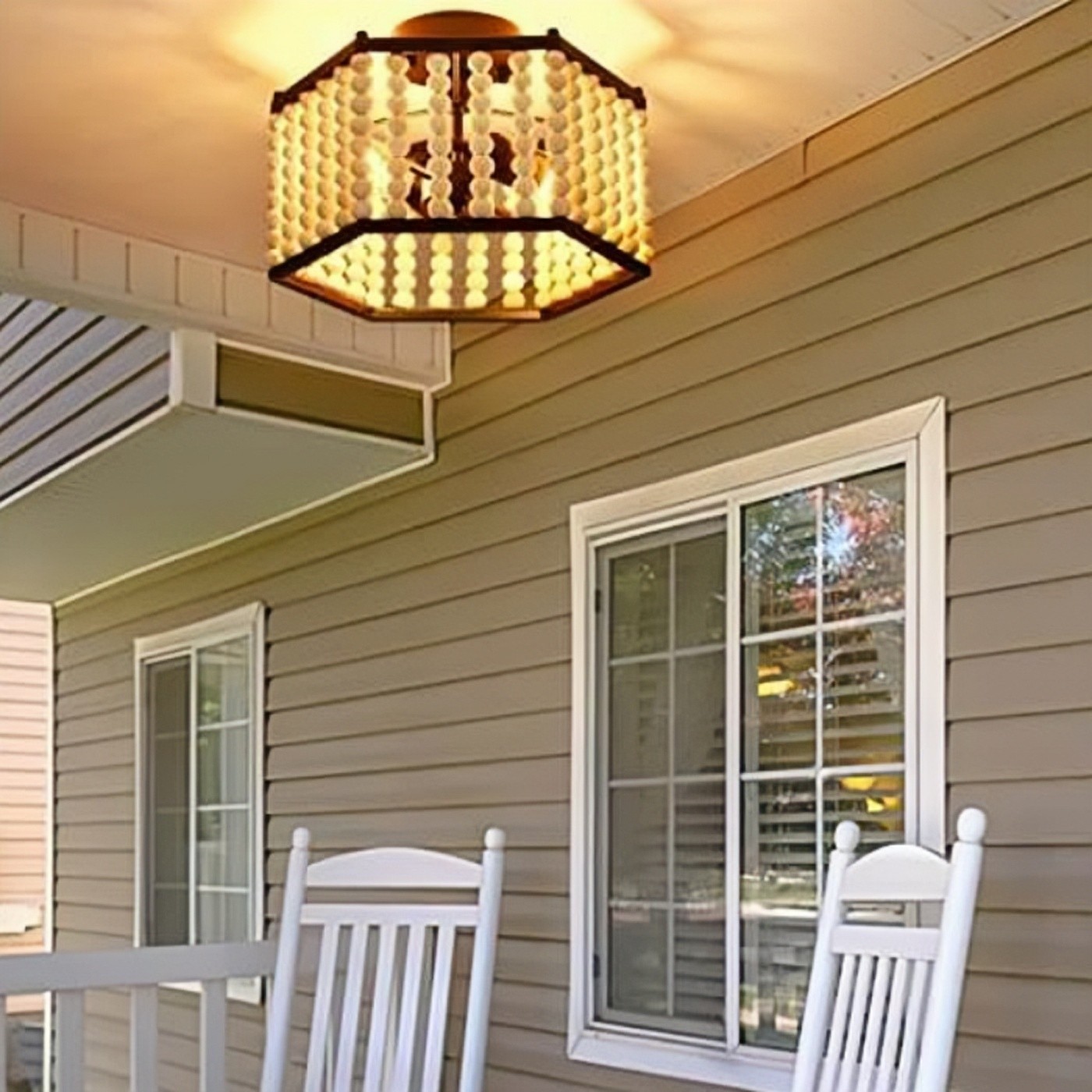 Rustic Hexagonal Wood Bead Ceiling Light S140