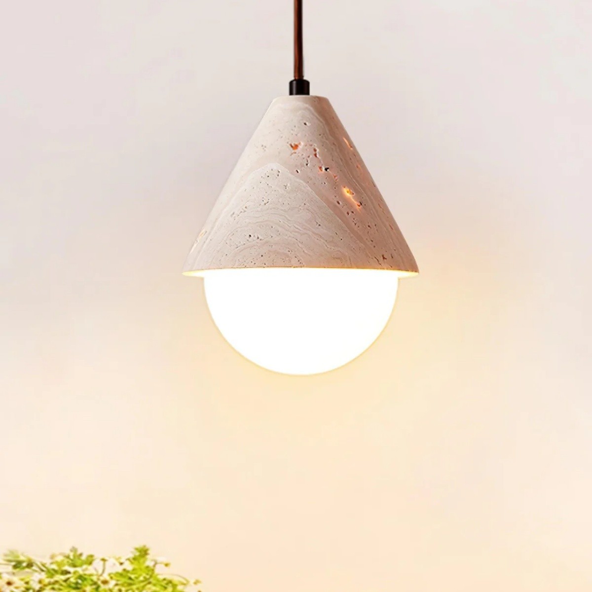Modern Cone Travertine Pendant Lamp With Glass Globe Design S273