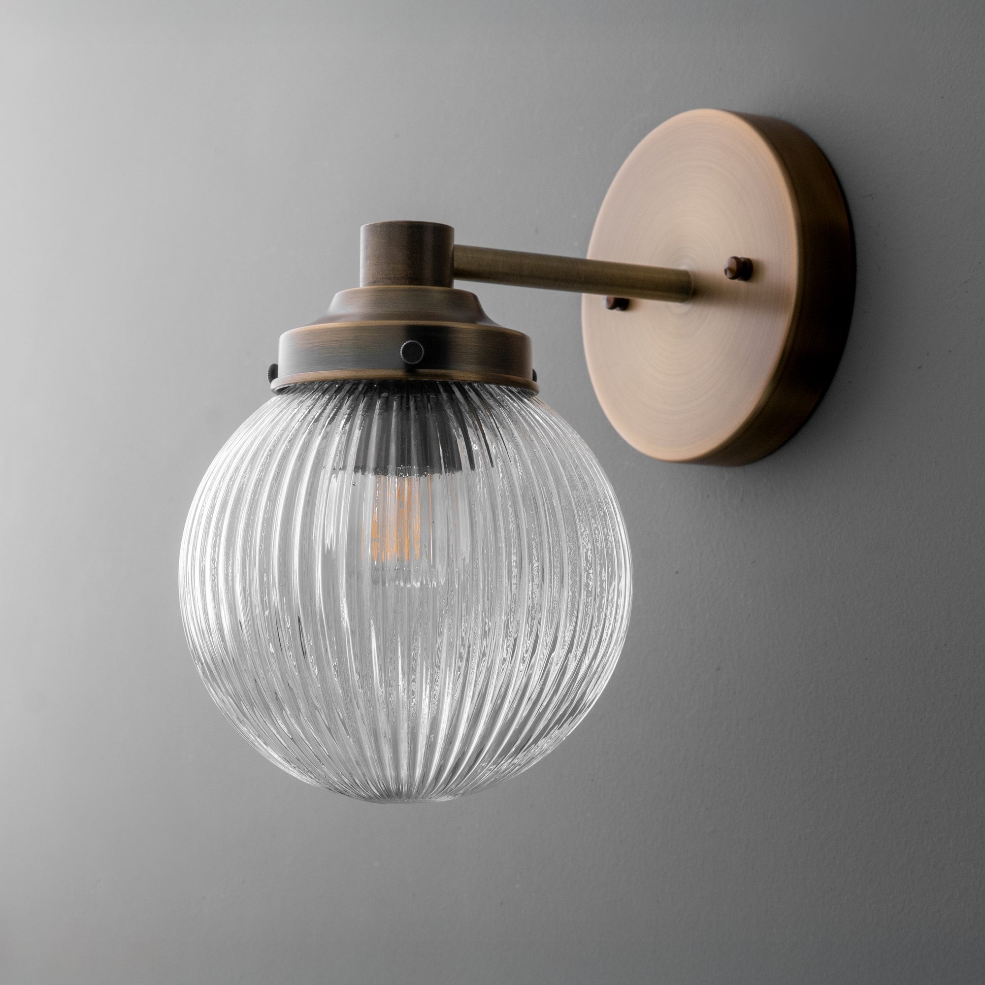 Glorica Glass Aged Brass Wall Sconce - Ribbed Glass Shade Industrial Style Lighting T410