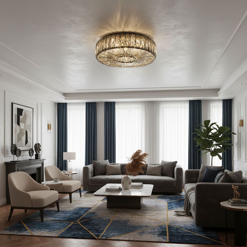 Glomar Glass Round Flush Ceiling Light - Modern Metal Glass Finish Living Areas T542