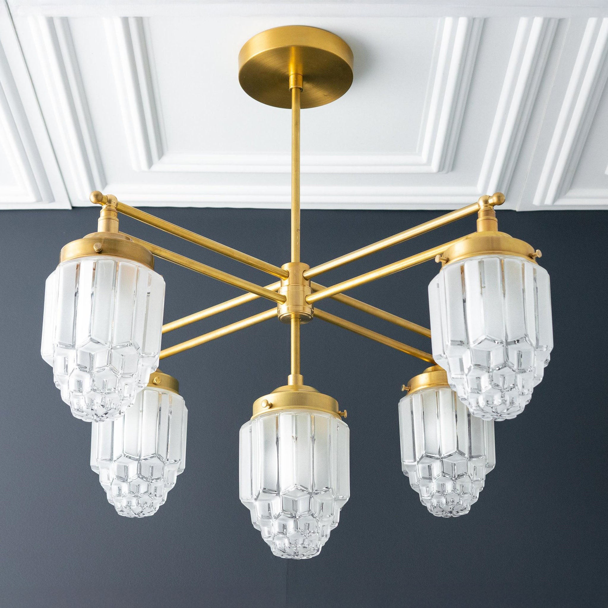 Tierlux Glass Chandelier – Vintage Brass Globe Lighting Fixture T357