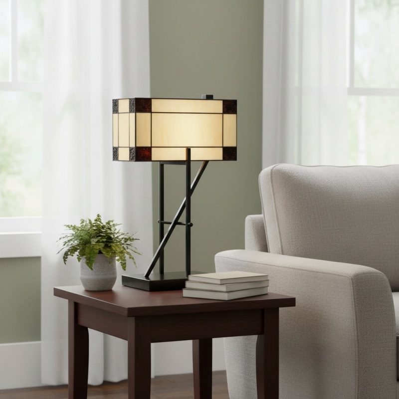 TF Manchester Table Lamp - Vintage-Inspired Stained Glass Table Light for Reading Nook or Bedroom T898