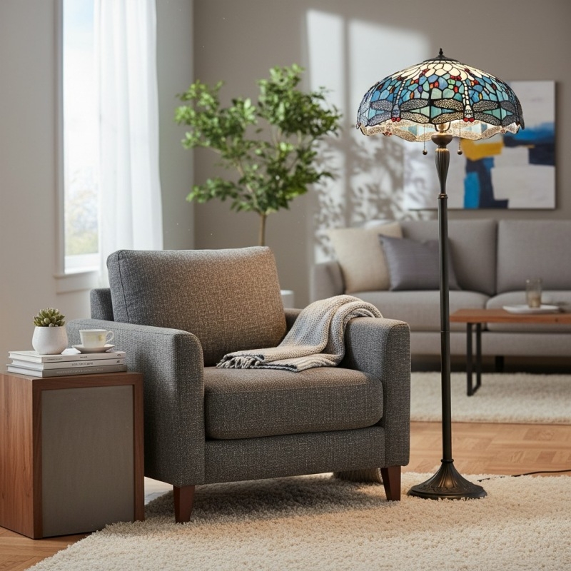 TiffStar Art Glass Floor Lamp with Ornamental Pattern Shade - Standing Light for Living Rooms T943