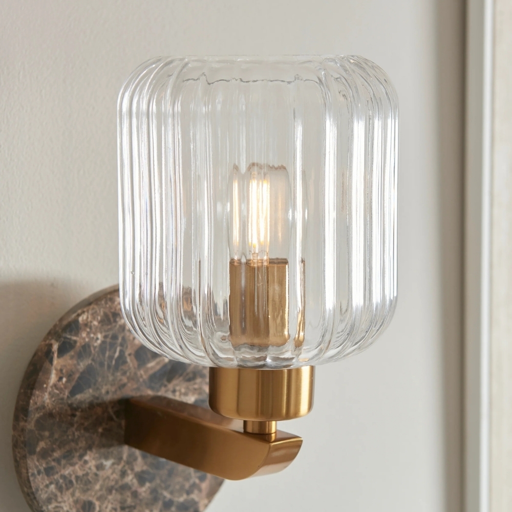 Korlisse Modern Marble Wall Light - Vintage Brass & Clear Glass Accent for Living Room and Hallway T950