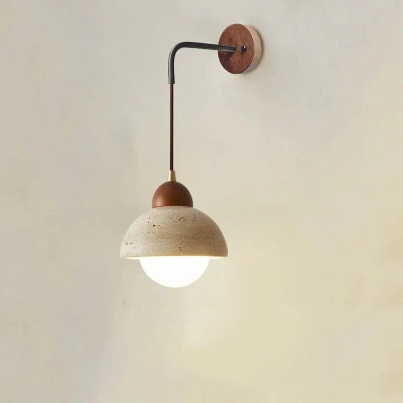 Natural Half Sphere Travertine Pendant Light With Wooden Details S309