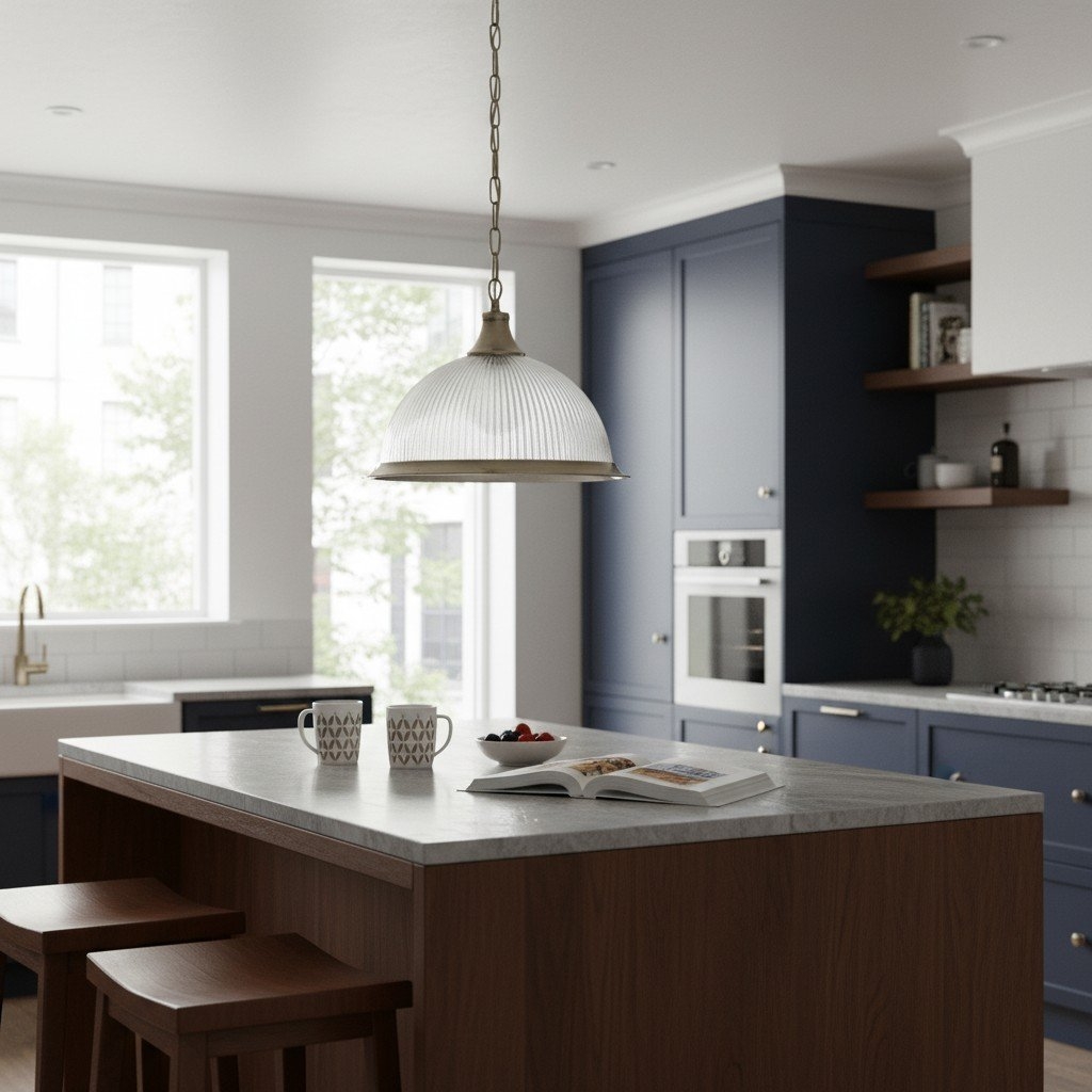 TF Vintora Ribbed Glass Pendant Light - Elegant Metal Trim for Kitchens, Dining Areas and Hallways T1022
