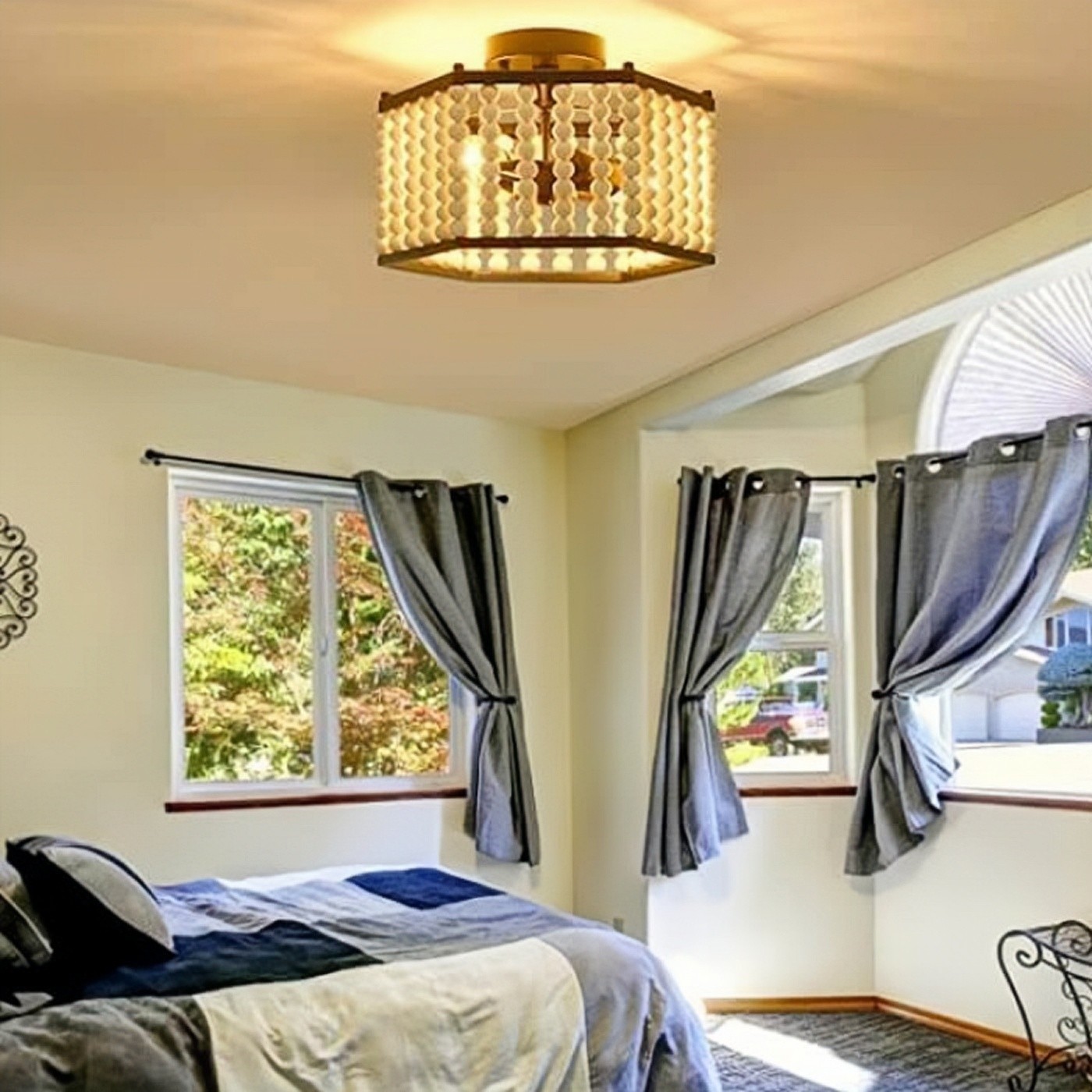 Rustic Hexagonal Wood Bead Ceiling Light S140