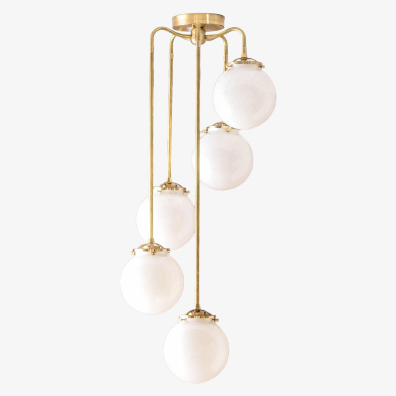 Glorica Glass 5 Globe Chandelier - Brass and Opal Glass Vintage Pendant Light T319