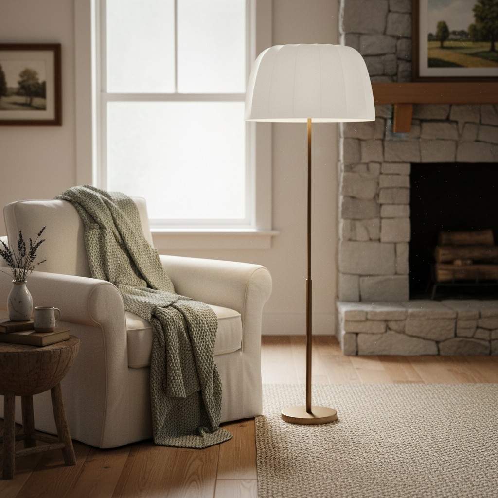 Vellaro Brass Floor Lamp with Fabric Shade - Modern Standing Light for Living Room or Bedroom T697