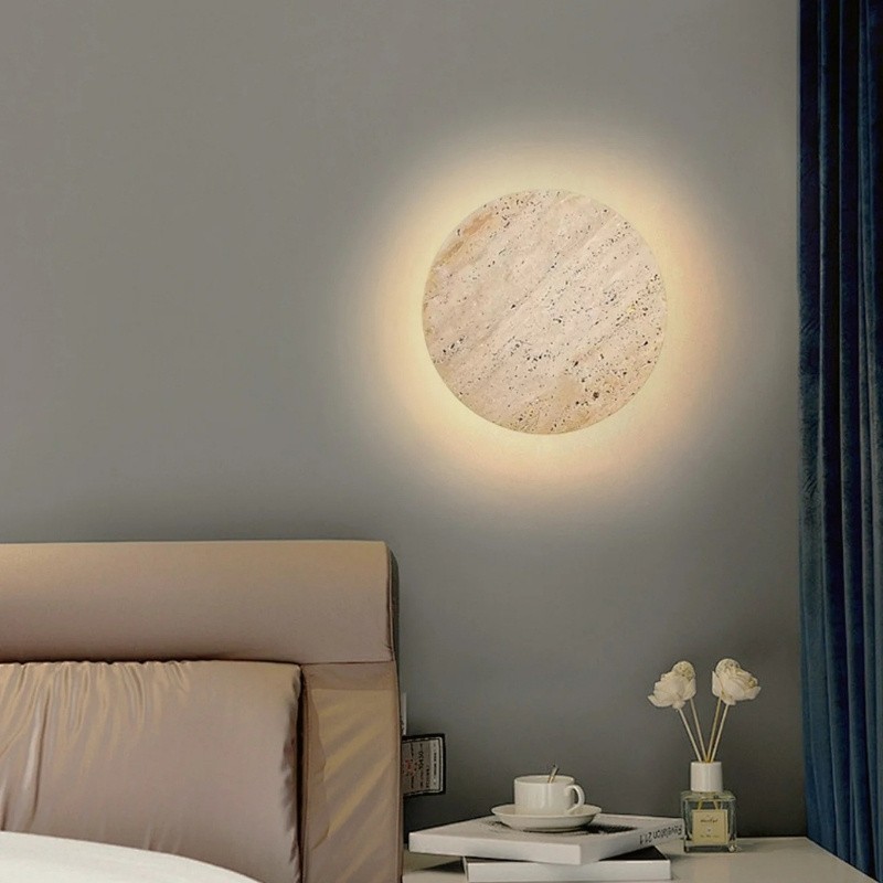 Wabi Sabi Travertine Round Wall Light - Minimalist Stone Disc Sconce S310
