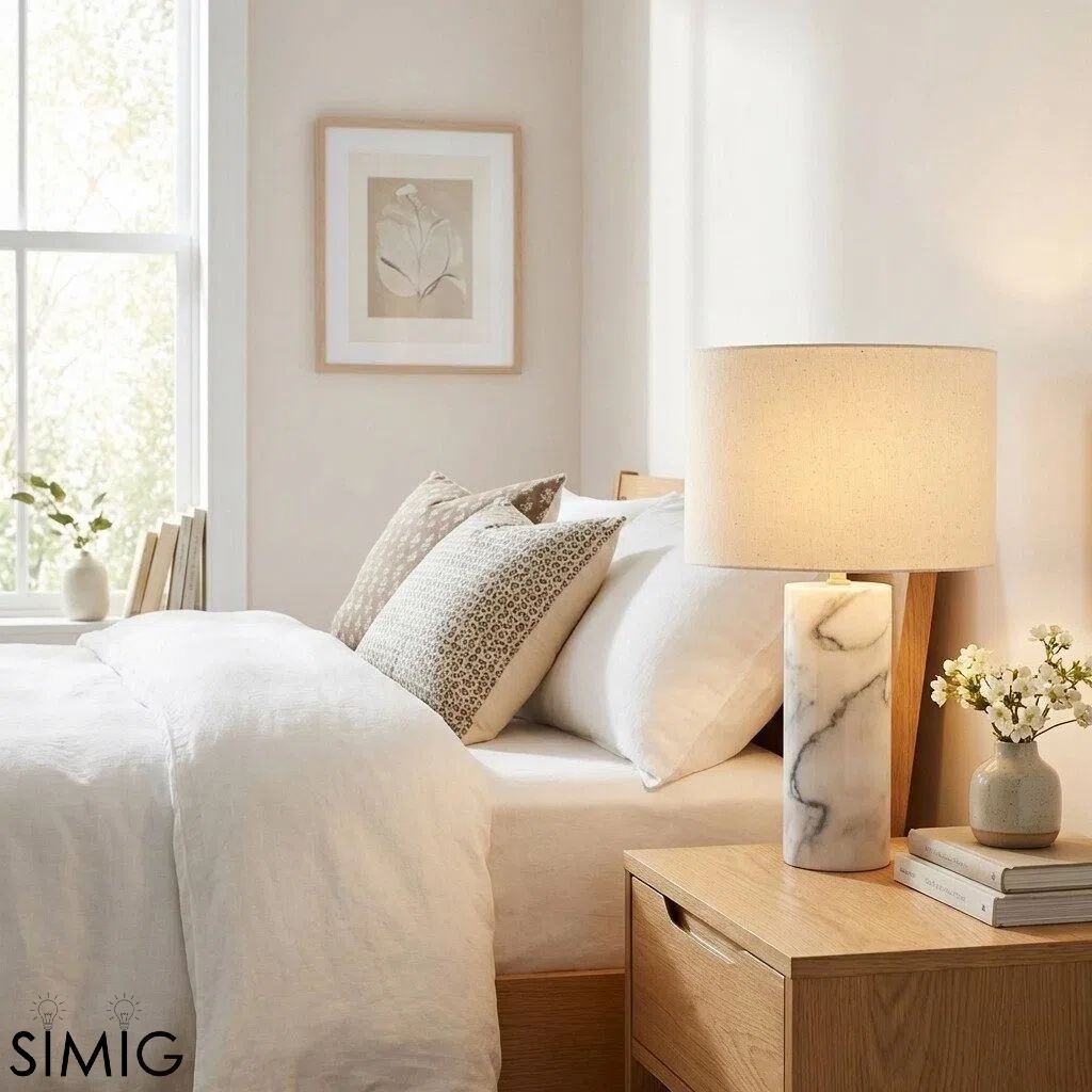 Minimalist Travertine Table Lamp – Linen Shade Bedside Light for Bedroom S409