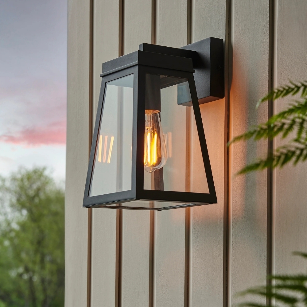 Trevanta Clear Glass Black Outdoor Lantern Wall Light - Modern Exterior Lighting T910
