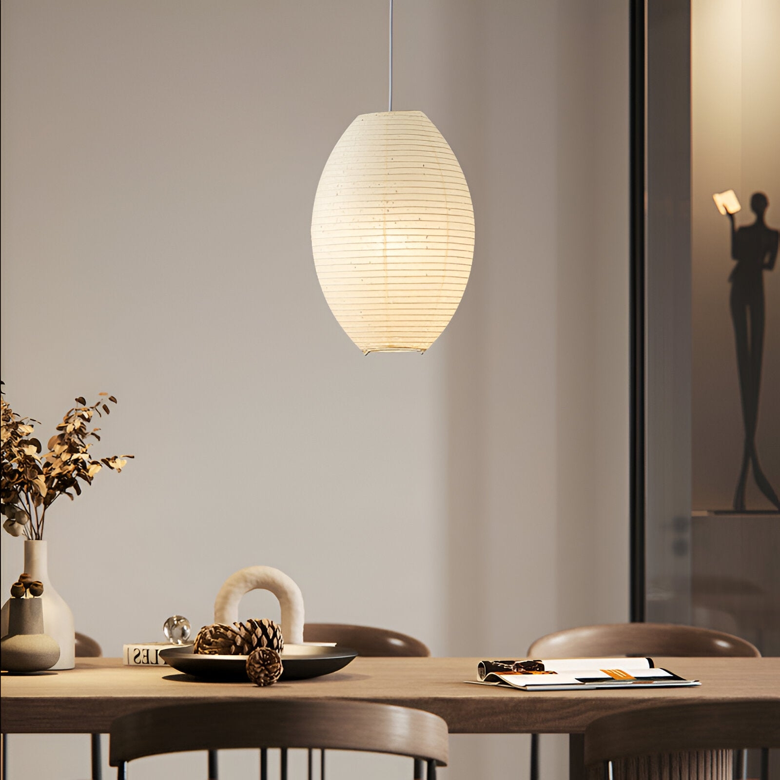 Traditional Japandi Wabi-Sabi Elliptical Paper Pendant Light T2166