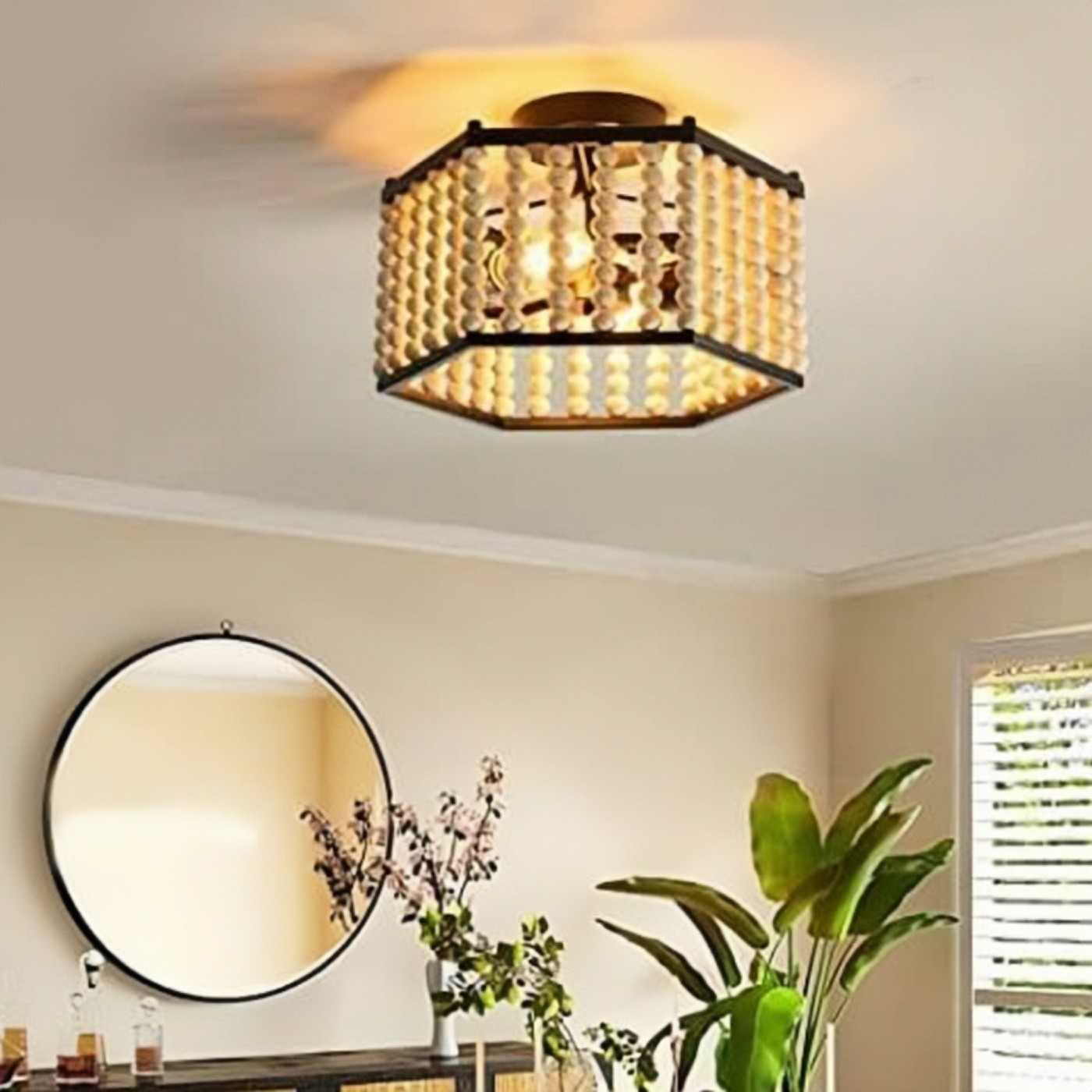 Rustic Hexagonal Wood Bead Ceiling Light S140