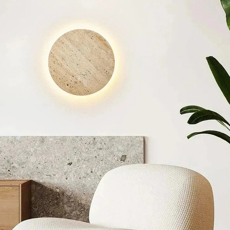 Wabi Sabi Travertine Round Wall Light - Minimalist Stone Disc Sconce S310