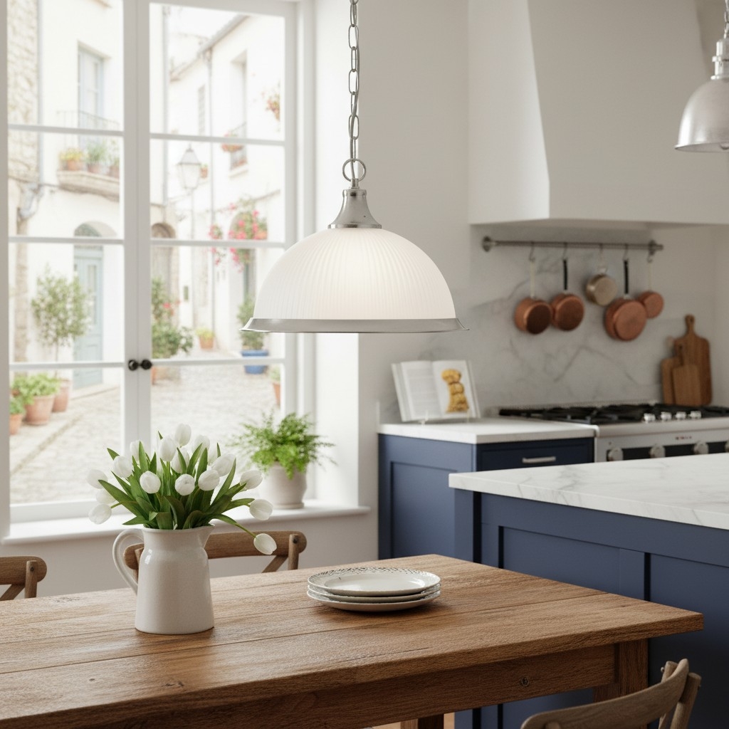 TF Vintora Ribbed Glass Pendant Light - Elegant Metal Trim for Kitchens, Dining Areas and Hallways T1022