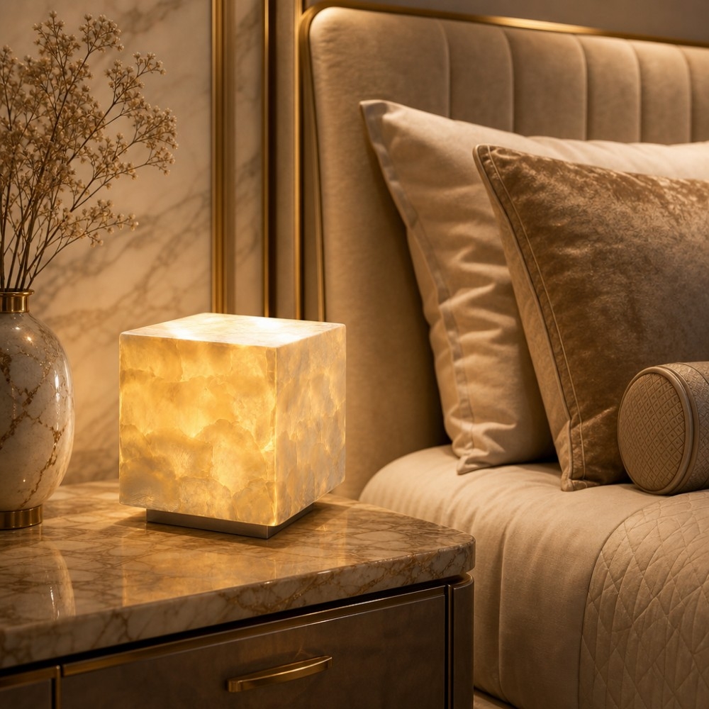 Beamira Mica and Shell Table Lamp - Modern Square Shade Accent Light for Bedroom T2196