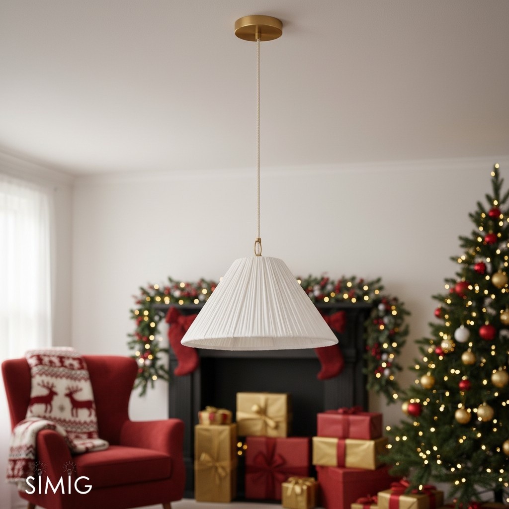 Blossine Brass Pendant - Scalloped Linen Shade for Living Room T442