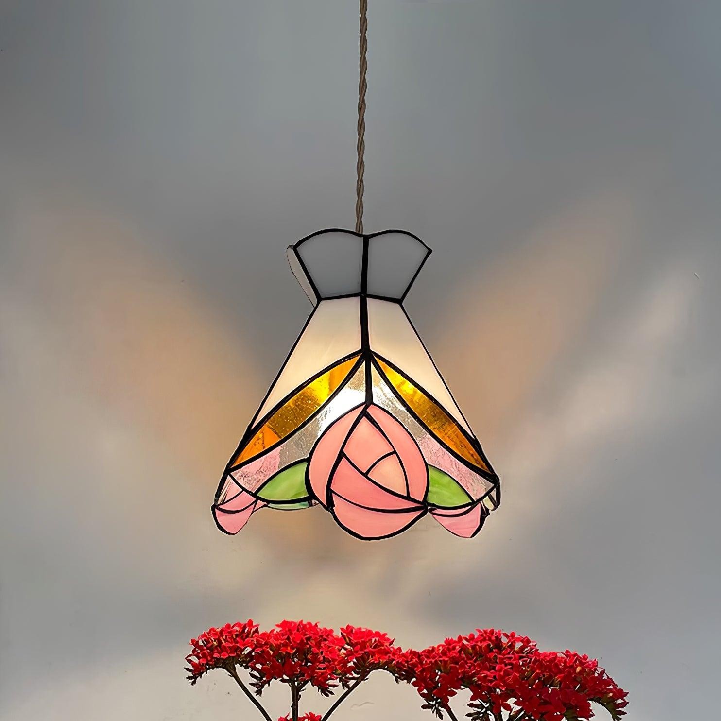 French Retro Rose Stained Glass Pendant Lamp M89
