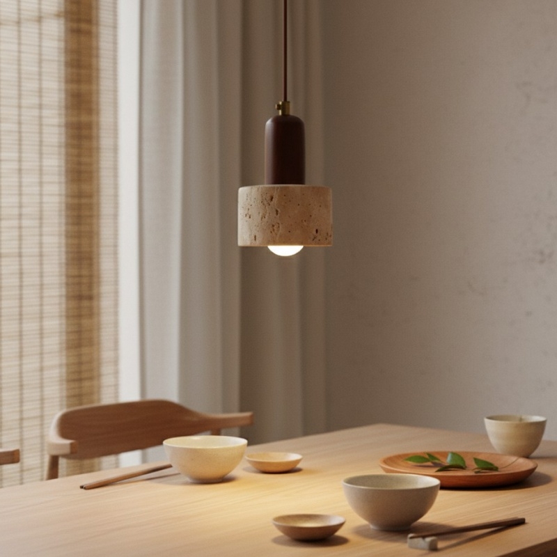 Rotating Travertine and Wood Pendant Light - Japandi Dining Room Glow T1100