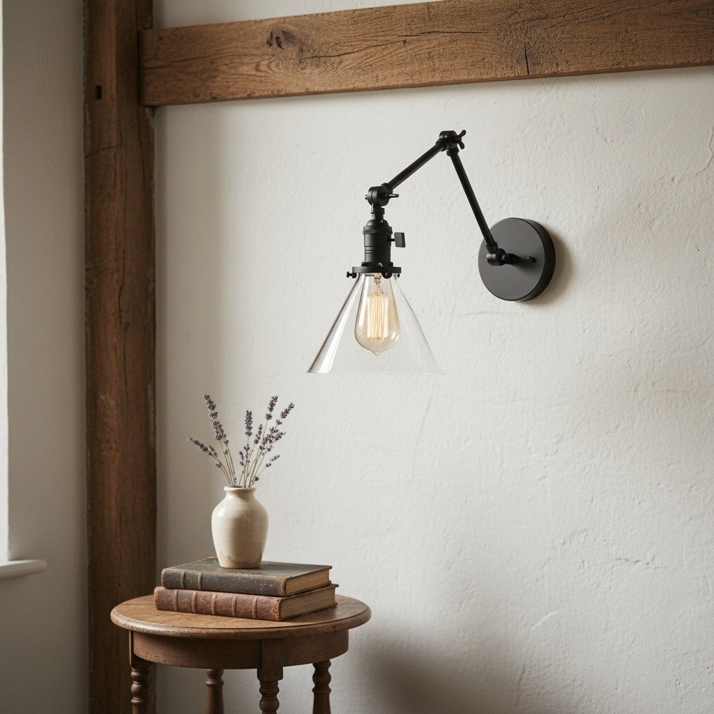 Conique Metal Industrial Wall Sconce with Adjustable Arm - Vintage Glass Cone Shade T311