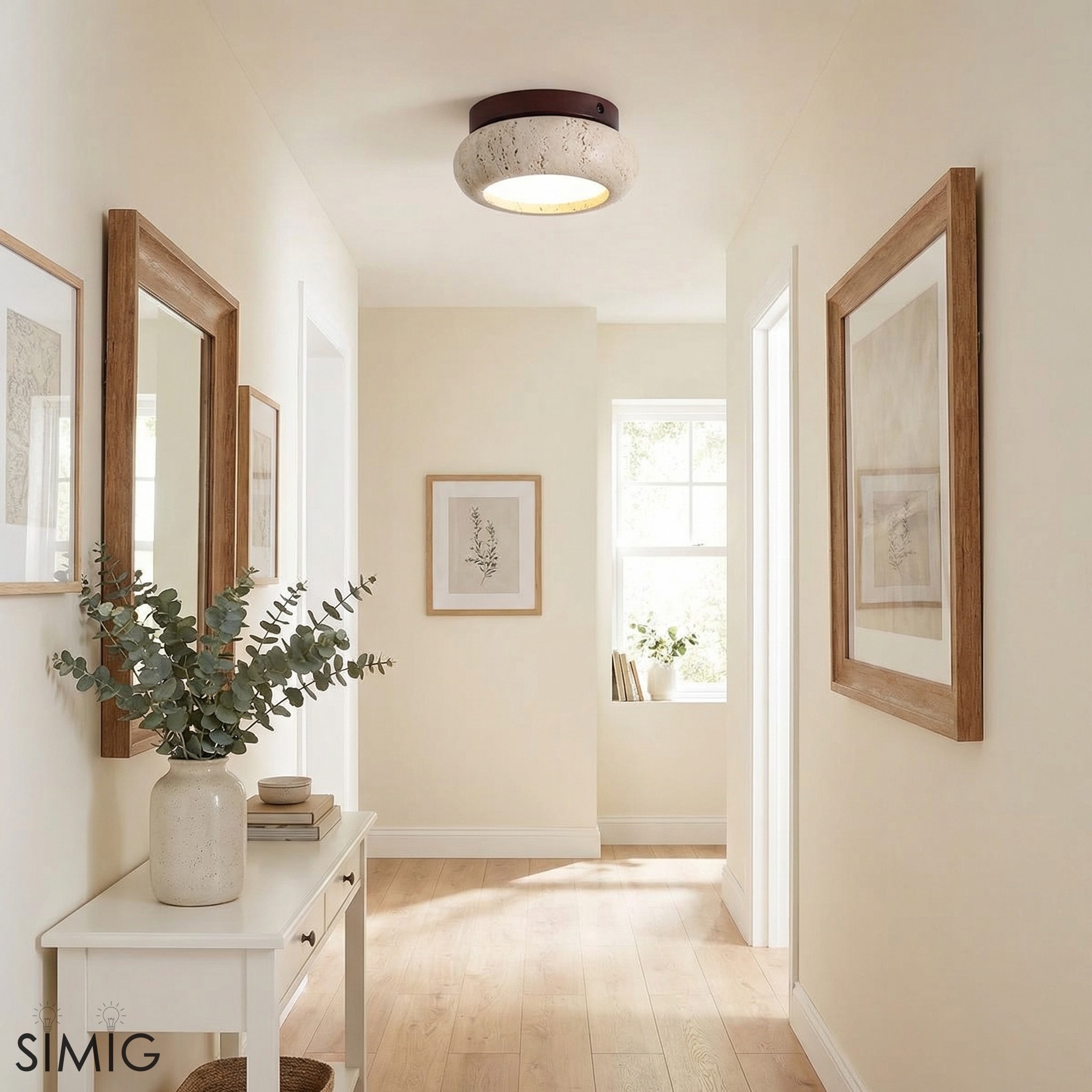 Minimal Bowl Ceiling Fixture in Stone Look - Wood Tone Base Light S299