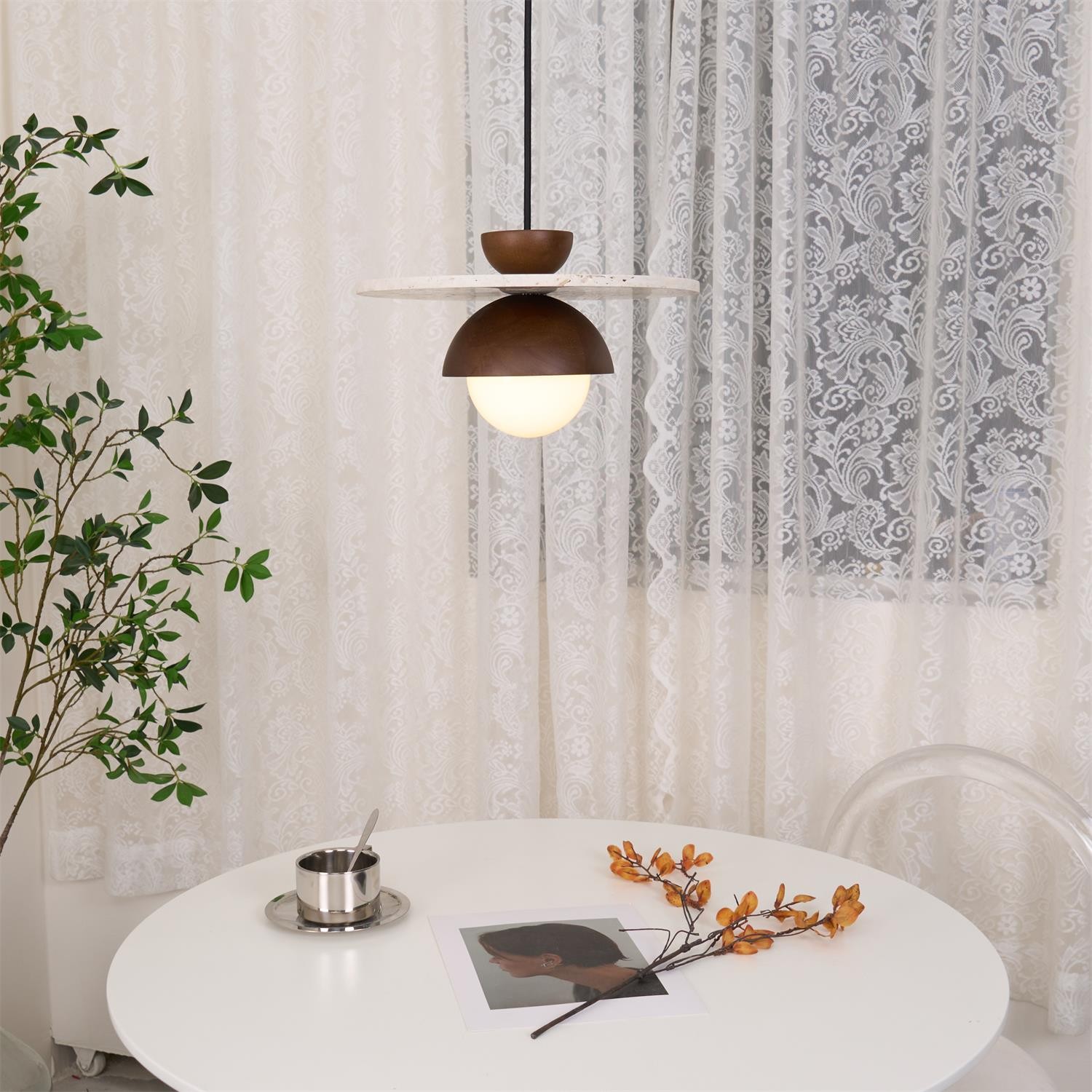 Travertine Disc Hemispherical Wooden Lampshade Chandelier P029